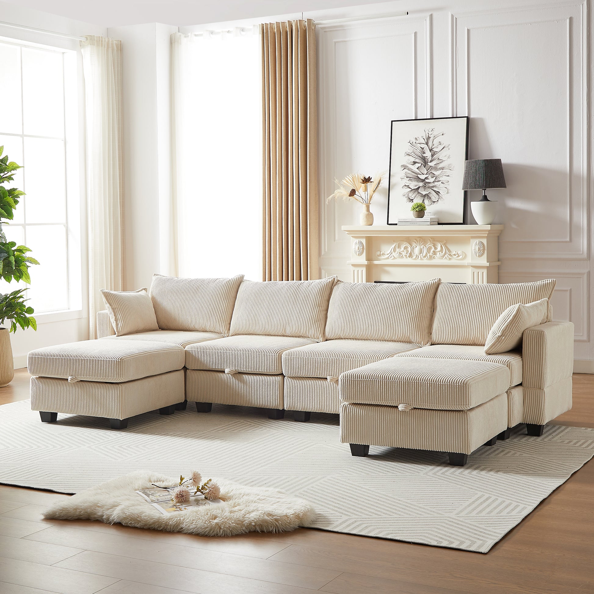 113.5'' Modular Sectiona Corduroy Sofa, Sectional Couches For Living Room U Shaped Sectional Couch With Storage Ottoman, 6 Seats Convertible Sectionals With Chaise Beige Corduroy 3 Seat