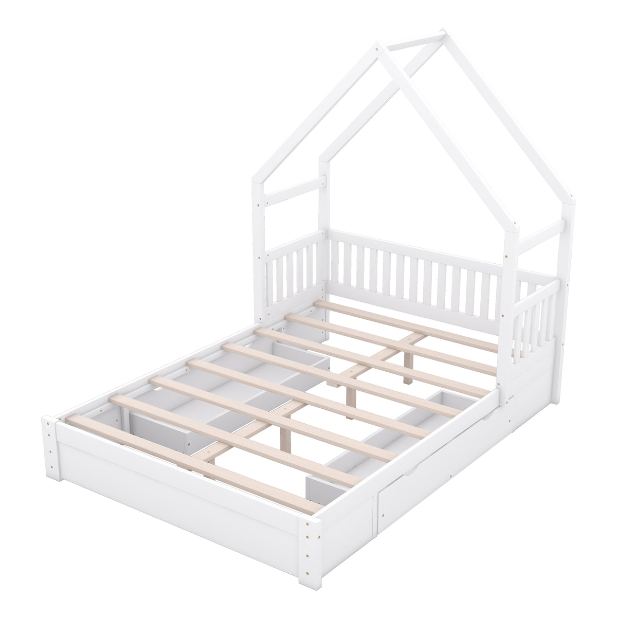 Wood Queen Size House Platform Bed With Guardrail And 2 Drawers, White Box Spring Not Required Queen White Wood Bedroom Bed Frame Solid Wood Mdf