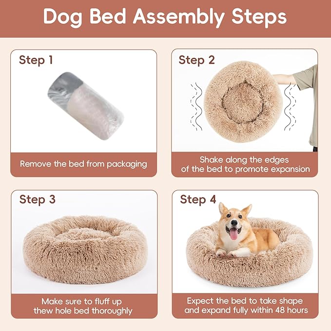 24'' Dog Bed Round Donut Washable Dog And Cat Bed In Shag Fur, Calming Dog Beds, Brown Brown Faux Fur