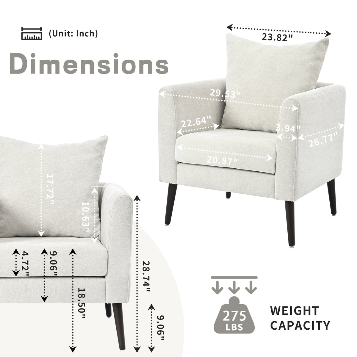 Barrel Chair, Chenille Accent Chair, Fabric Armchair Club Chair,Upholstered Arm Chair With Solid Wood Legs,Waist Pillow,Padded Single Chair For Living Room Bedroom Study Waiting Room,Beige Beige Light Brown Primary Living Space Modern Rubberwood Foam