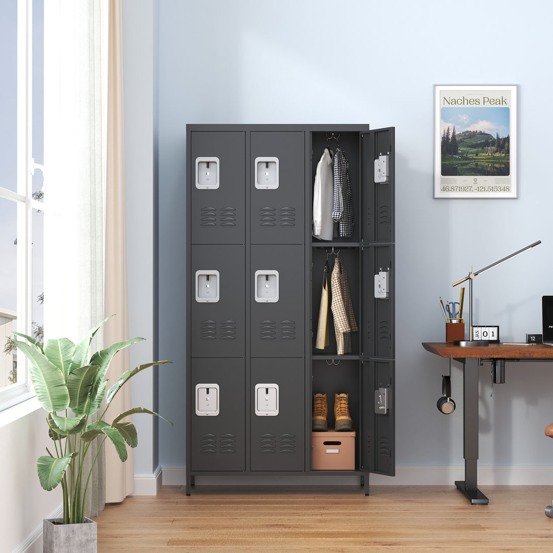 9 Door 72"H Metal Lockers With Lock For Employees,School,Office,Gym,Bedroom,Storage Locker Cabinet,Gray,Assembly Required,Black 5 Or More Spaces Black Primary Living Space Door Locks Modern Metal