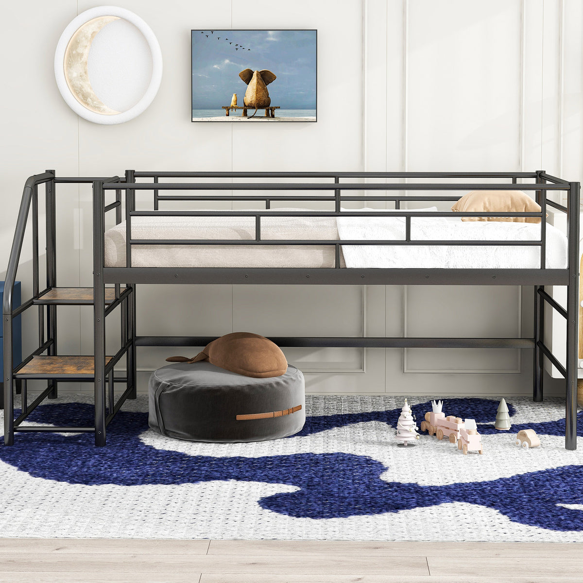 Mid Loft Bed With Storage Stairs, Twin, Black Twin Black Mdf Metal