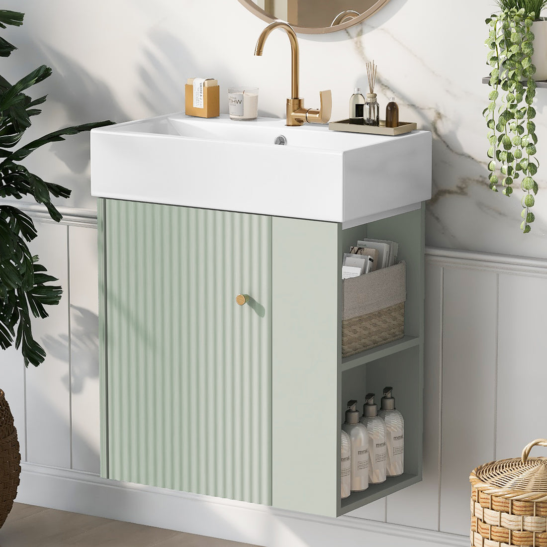 Video 21.6 Inch Modern Floating Bathroom Vanity With Ceramic Basin Perfect For Small Bathrooms, Right Side Storage Green Bathroom Ceramic Mdf