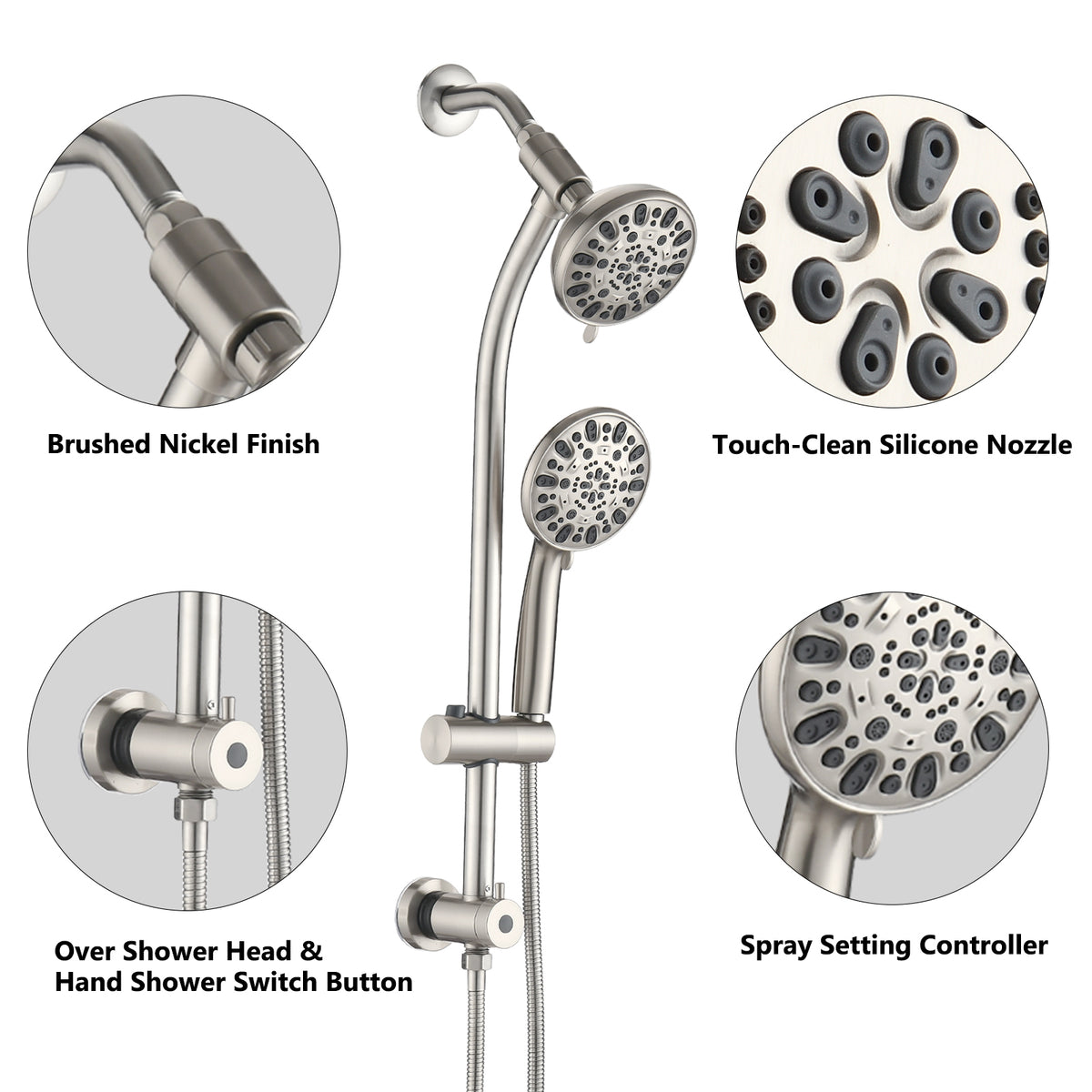 5" Brushed Nickel Rain Showerhead With Handheld Shower, 7 Spray Modes, Stainless Steel Slide Bar Brushed Nickel Stainless Steel