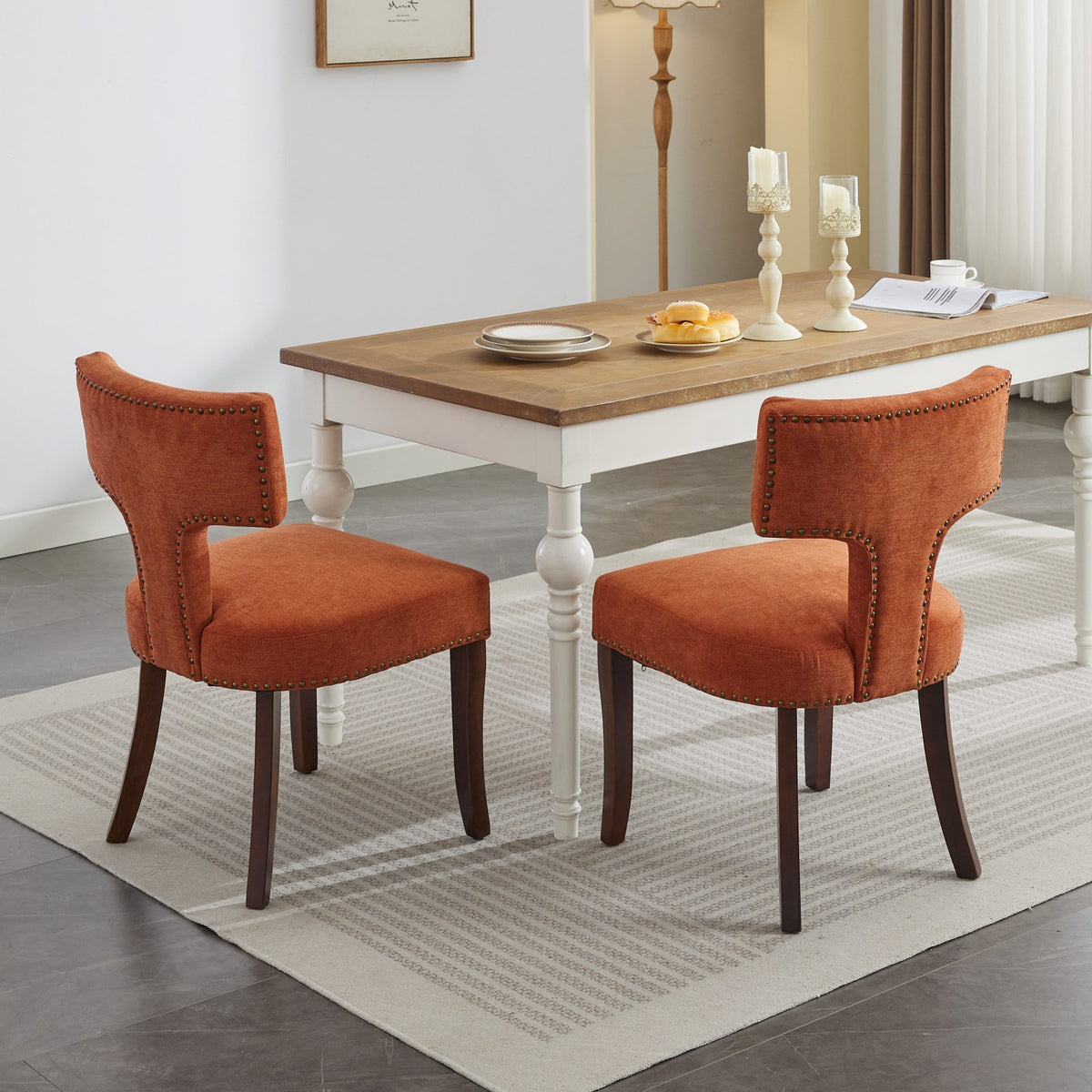 Mid Century Modern Dining Chairs Set Of 2, Farmhouse Linen Fabric Upholstered Accent Chair Curved Backrest With Copper Nails Around,Kitchen Chairs With Hardwood Frame, Orange Orange Classic Set Of 2 Foam Upholstered