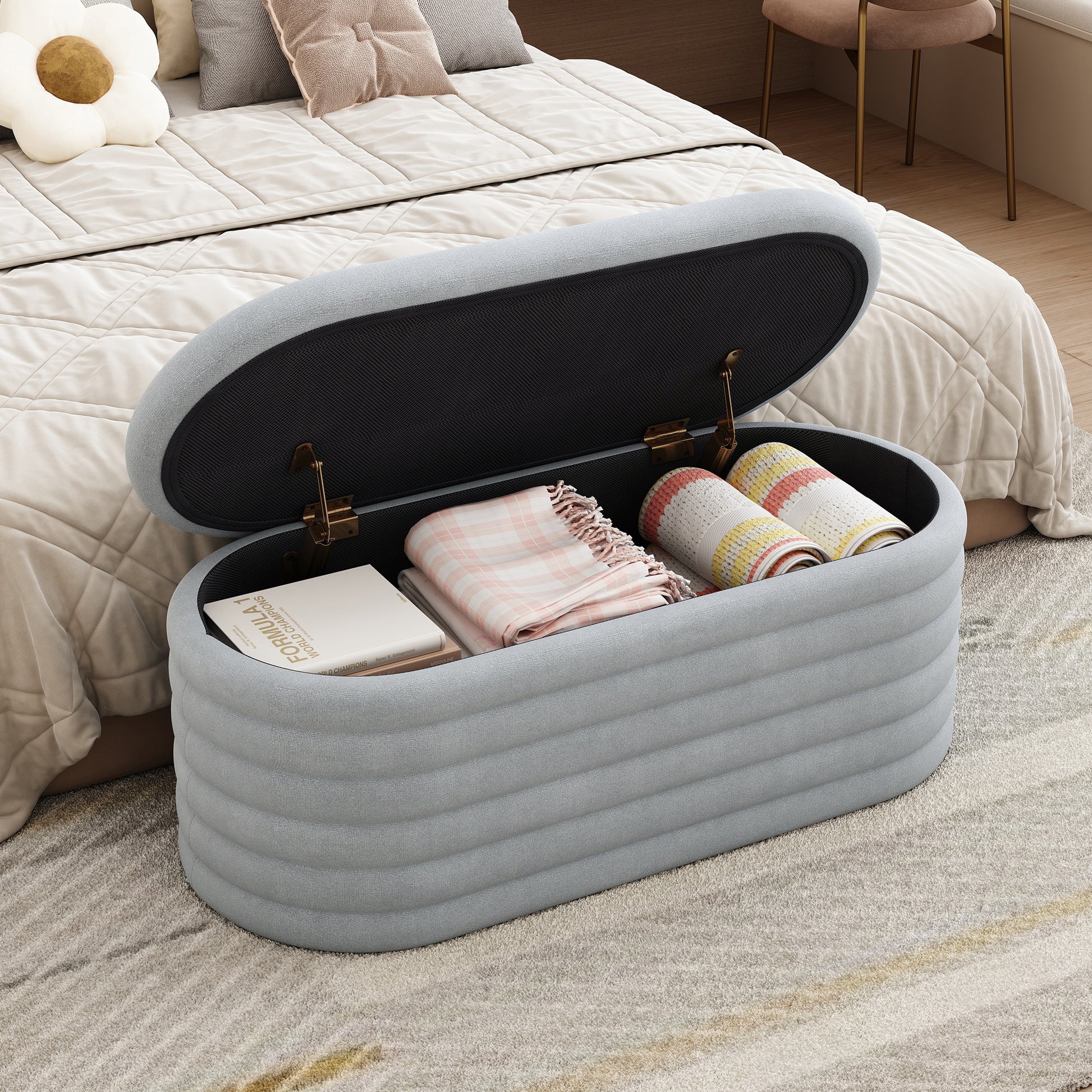 Storage Chenille Ottoman Bench Upholstered Fabric Storage Bench End Of Bed Stool With Safety Hinge For Bedroom, Living Room, Entryway, Closet 40 Inch, Light Grey Light Grey Contemporary Polyurethane