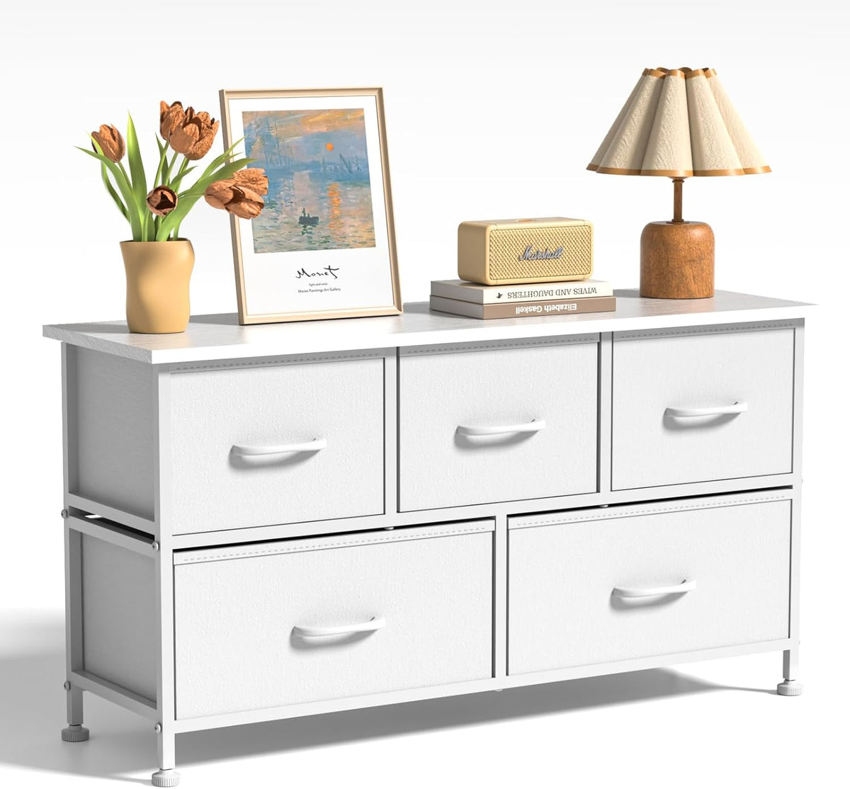5 Drawers Dresser For Bedroom, Kidsroom Furniture, Wide Chest Of Drawers, Storage Organizer Units With Fabric Bins For Closet, White, Metal Frame, Waterproof Wood Top, Adjustable Feet White Wood