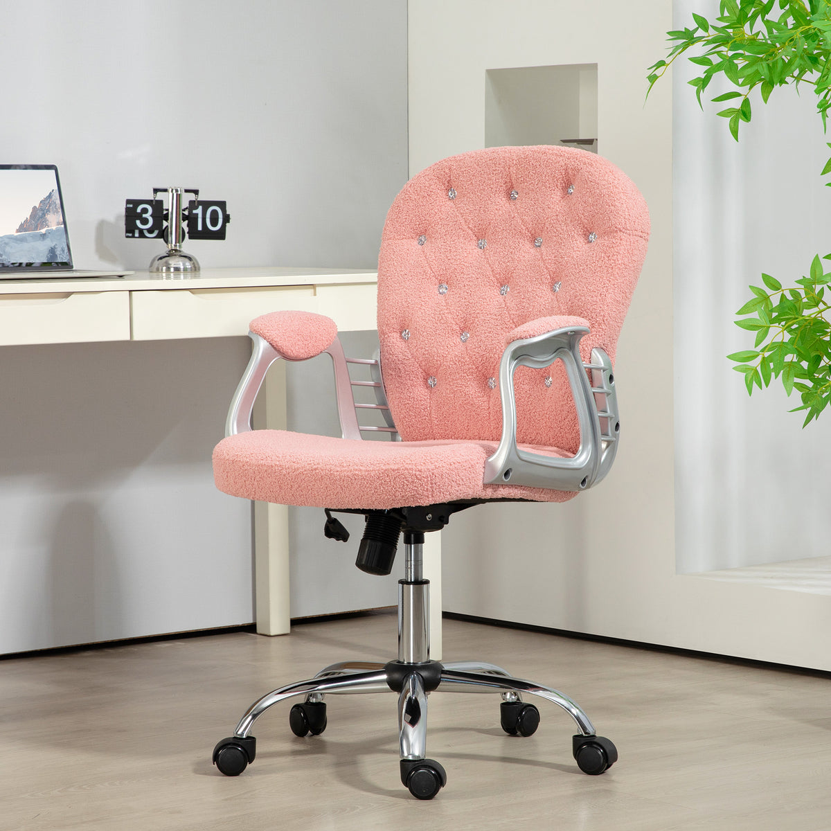 Vinsetto Teddy Fleece Home Office Chair, Button Tufted Desk Chair With Padded Armrests, Adjustable Height And Swivel Wheels, Pink Pink Steel