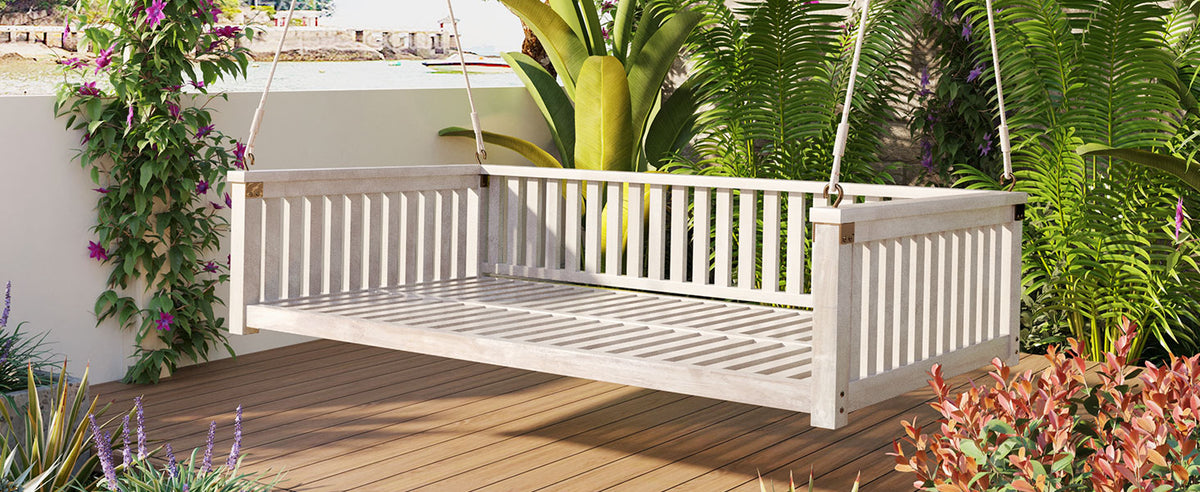Patio Minimalist Twin Size Garden Swing Bed Wood Porch Swing With Ropes For Backyard, Safe Sloped Design, White White Weather Resistant Frame Garden & Outdoor Minimalist 2 Person Seating Group