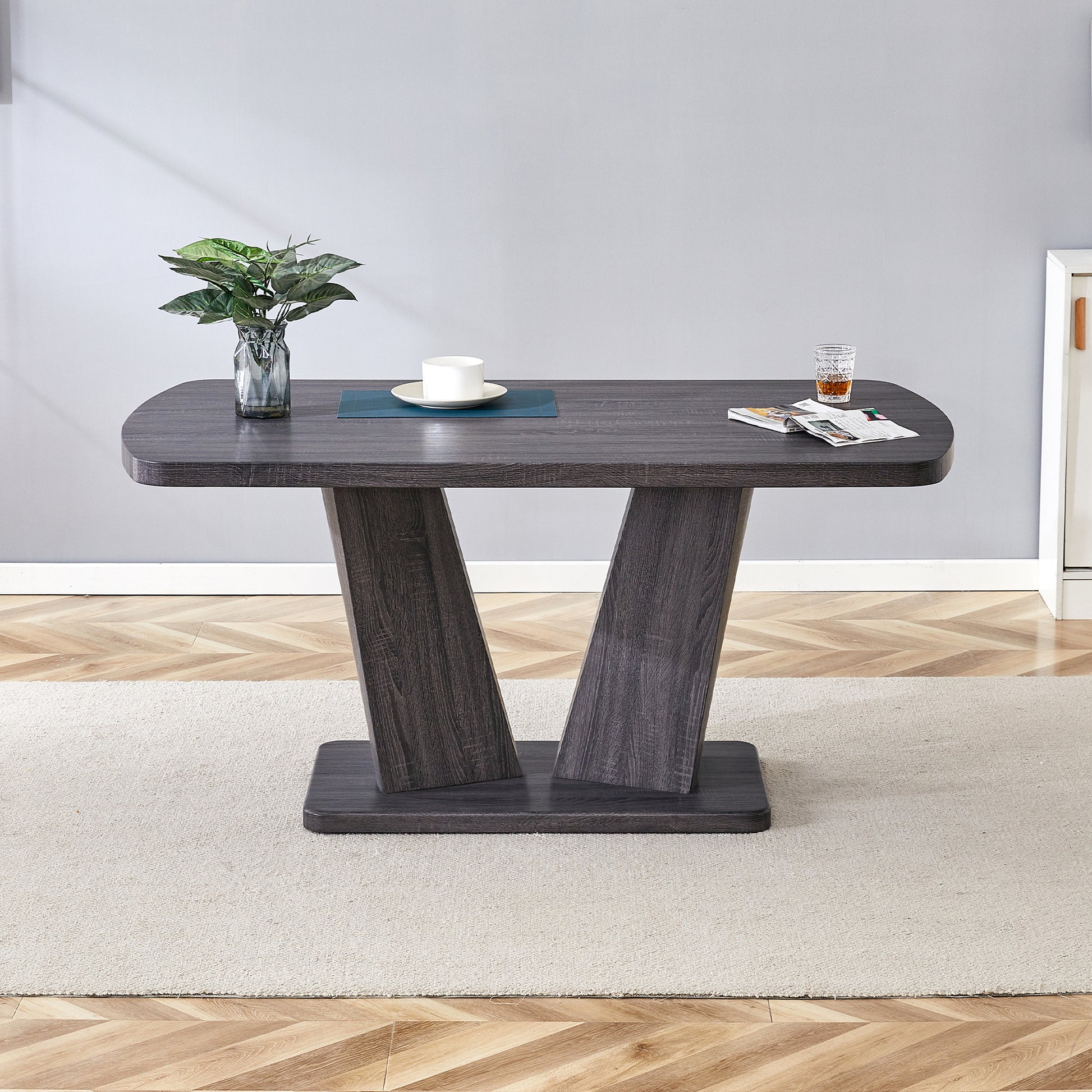 Modern Dining Table, Dining Room Table With 63" Rectangle Top And V Shape Mdf Base, Kitchen Dining Table For Kitchen Living Dining Room Gray Dining Room Modern Rectangular Mdf