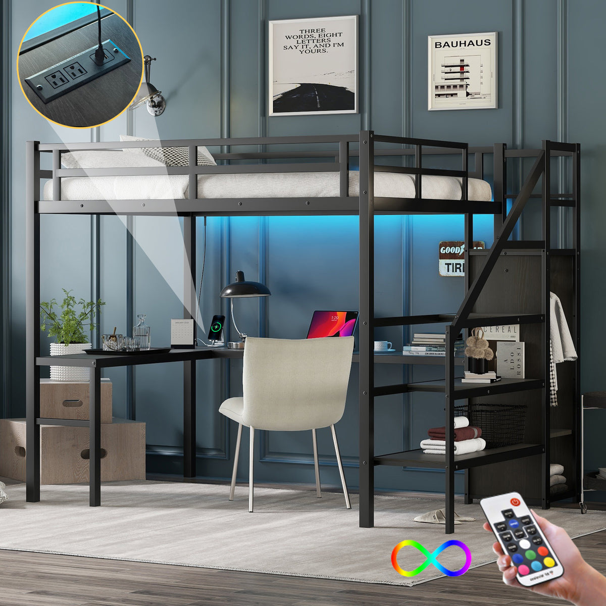 Full Size Loft Bed With L Shaped Desk And Usb, Metal Loft Bed With Wardrobe And Adjustable Shelf, High Loft Bed With Led For Kids Teens Adults, Black Full Black Metal