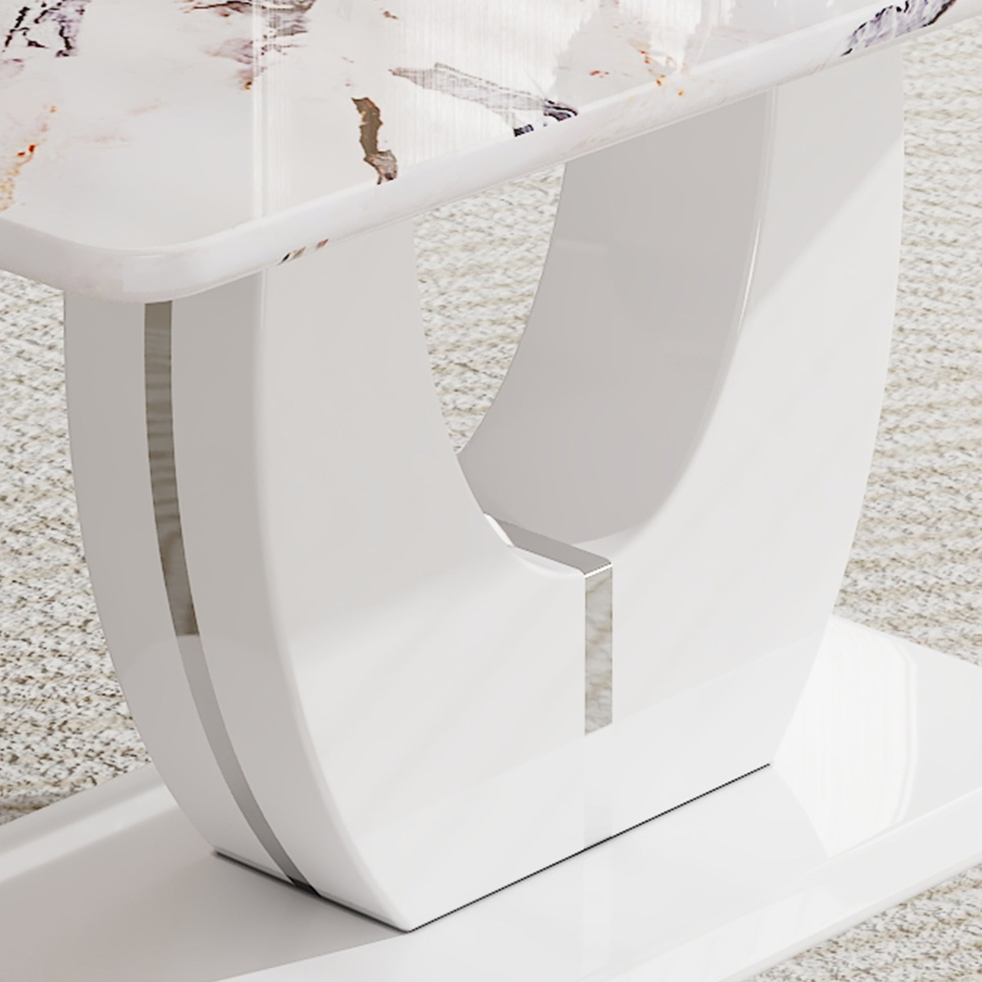 Table And Chair Set, Modern Luxurious White Imitation Marble Pattern Mdf Dining Table,Rectangular Dining Table, Matched With Uniquely Shaped Pu High Backrest Seats,Suitable For Various Occasions. White Seats 4 Mdf
