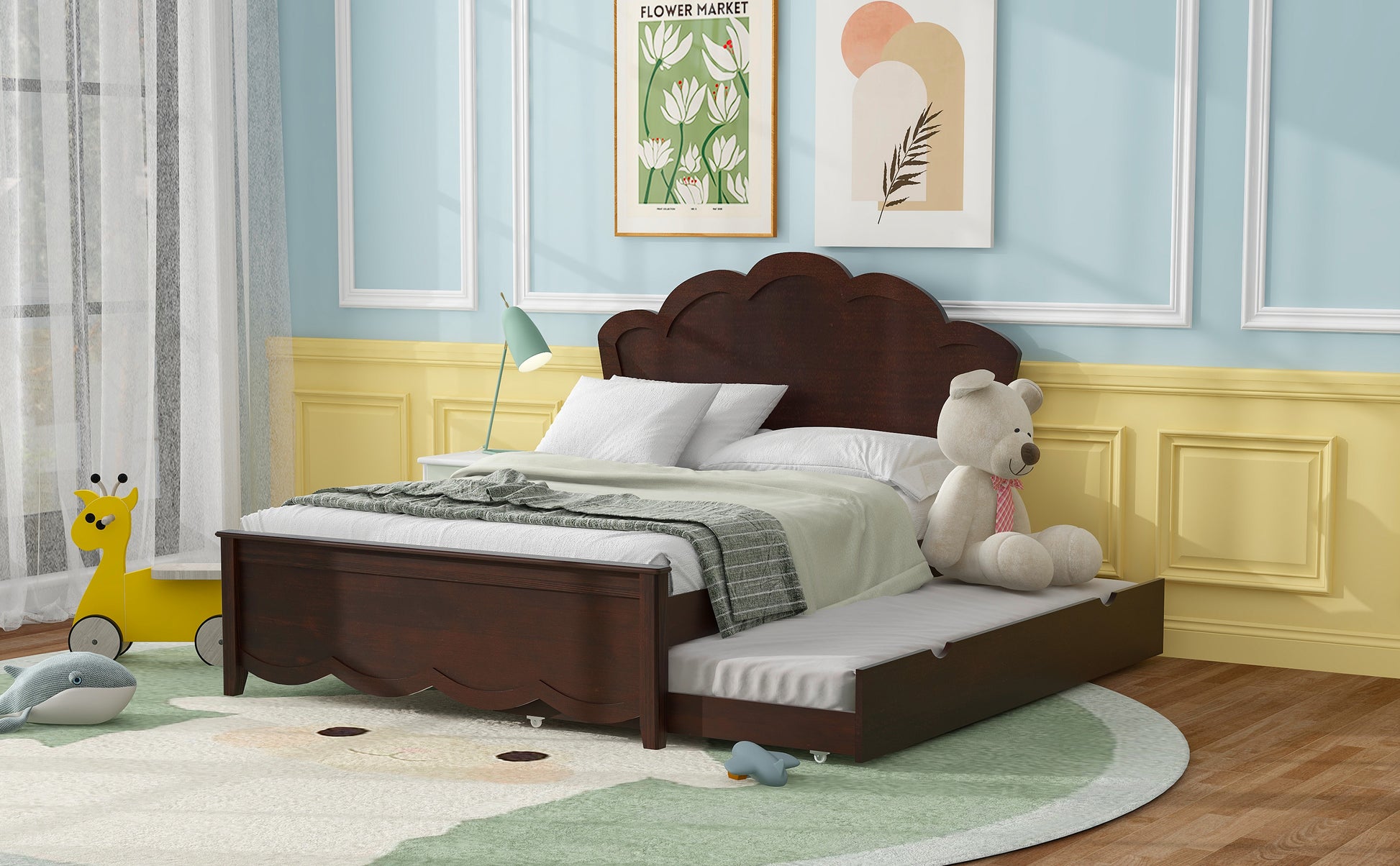 Full Size Wood Platform Bed With Headboard And Twin Size Trundle, Cappuccino Box Spring Not Required Full Cappuccino Wood Bed Frame Solid Wood Mdf
