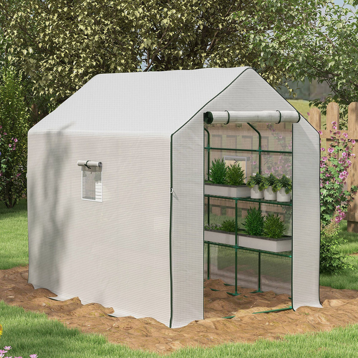Outsunny 4.6' X 4.7' Portable Greenhouse, Water Uv Resistant Walk In Small Outdoor Greenhouse With 2 Tier U Shaped Flower Rack Shelves, Roll Up Door & Windows, White White Steel