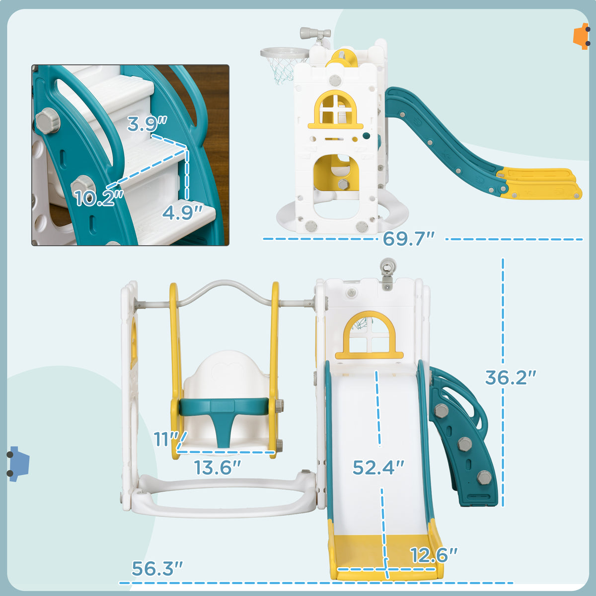 Qaba 6 In 1 Toddler Slide And Swing Set, Baby Slide For Age 1 3 Years With Basketball Hoop, Climber, Storage Space, Telescope, Indoor Playground, Yellow Yellow Plastic