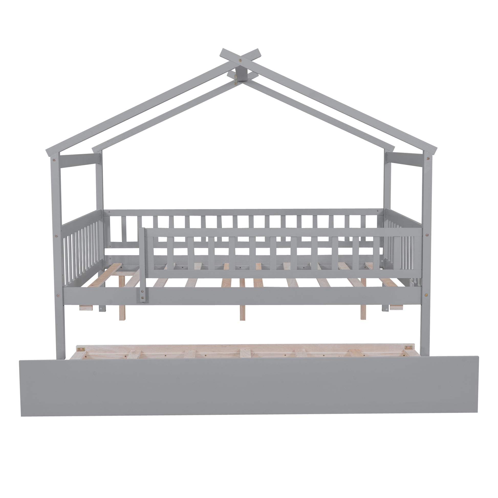 Full Size Wooden House Bed With Twin Size Trundle, Gray Full Gray Solid Wood Mdf