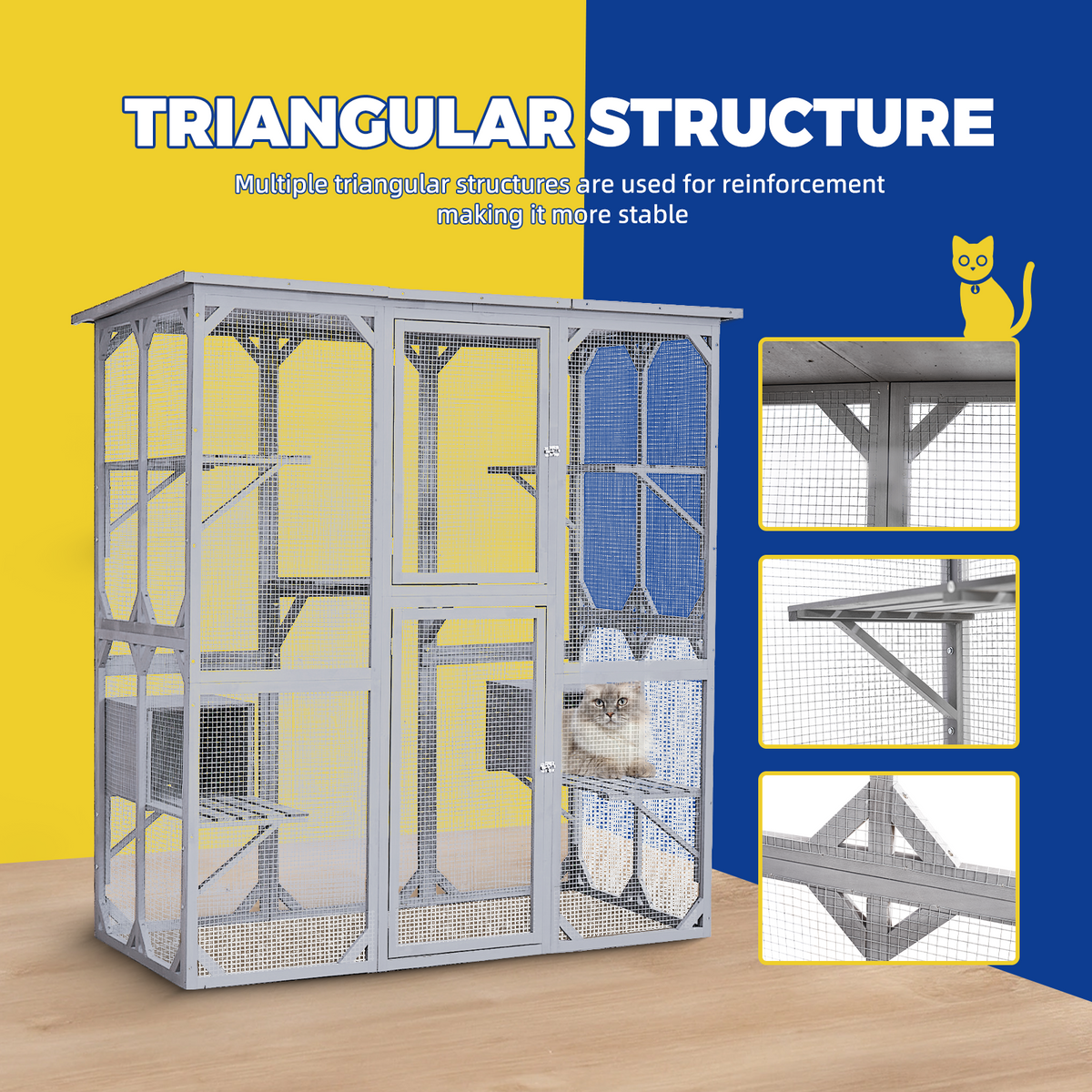 Catio Outdoor Cat Enclosure With Roof 72" Height Cat Wooden House Large Cat Cage With 3 Jumping Platforms And 2 Napping Houses For Cat Activity Grey Grey Outdoor Kennel Wood