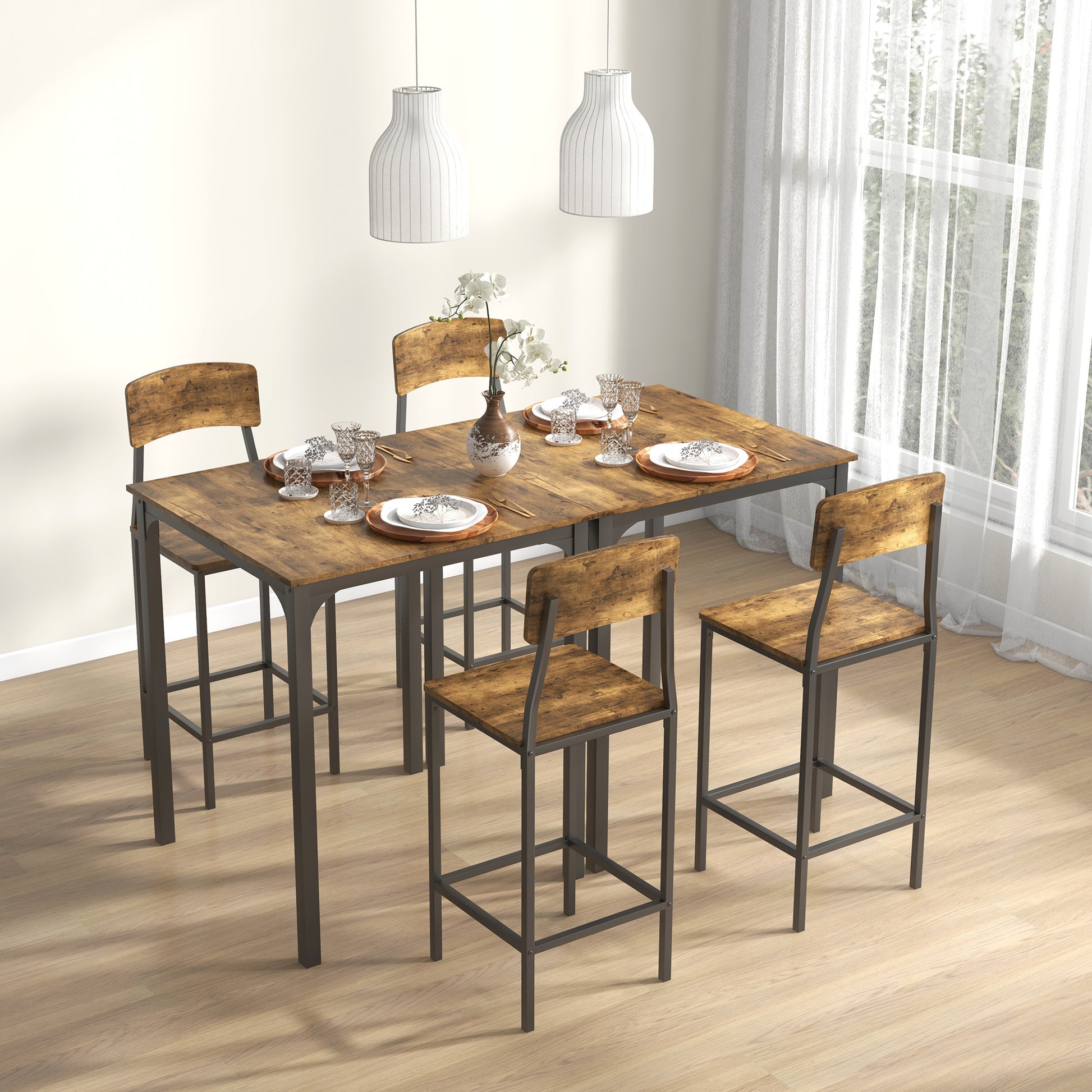 Homcom 3 Piece Counter Height Bar Table And Chairs Set, Industrial Small Dining Table Set For 2, Square Kitchen Table And Stools With Steel Frame, Rustic Brown And Black Brown Black Steel