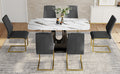 Table And Chair Set, Modern And Minimalist Dining Table, Imitation Marble Patterned Tabletop, Mdf Legs With U Shaped Brackets. Paired With Comfortable Chairs, Suitable For Dining And Living Rooms. Grey Black Mdf Glass