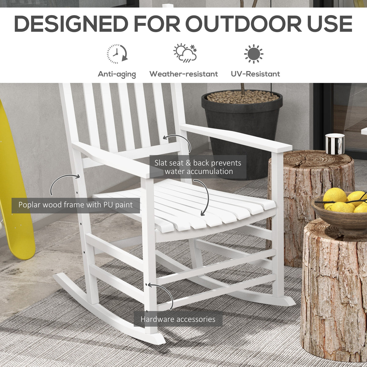 Outsunny Outdoor Rocking Chair Set Of 2 With Side Table, Patio Wooden Rocking Chair With Smooth Armrests, High Back For Garden, Balcony, Porch, Supports Up To 352 Lbs., White White Wood