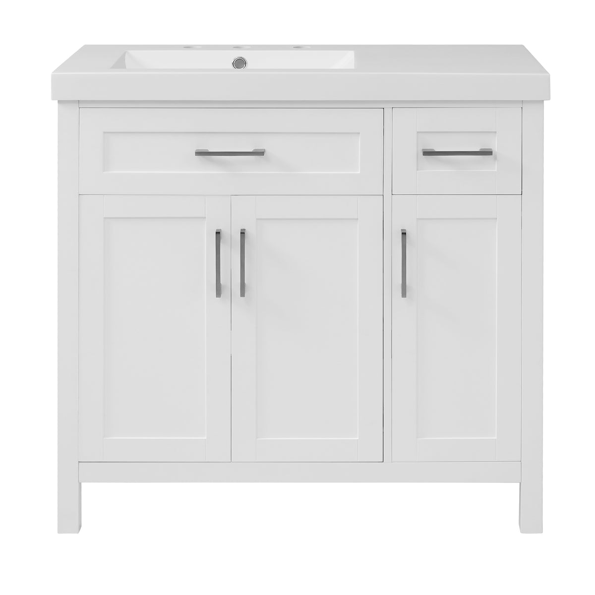 36" White Bathroom Vanity Cabinet With Resin Integrated Sink 2 Drawers, 3 Doors White Bathroom Solid Wood Mdf Resin