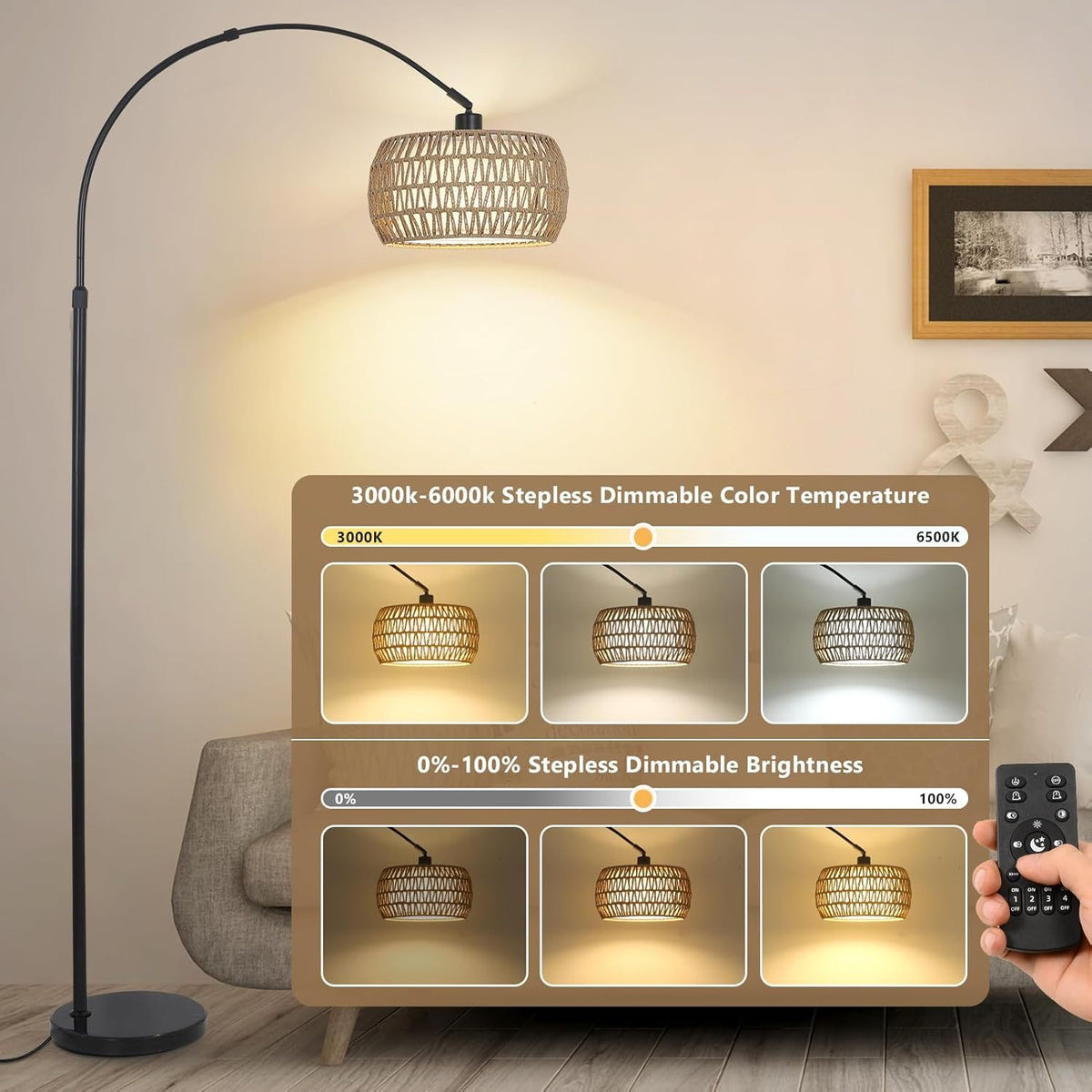 Arc Floor Lamps For Living Room With 3 Color Temperatures, Black Standing Lamp With Remote & Dimmable Led Bulb, Rattan Boho Floor Lamp, Farmhouse Tall Lamp For Bedroom, Over Couch Arched Reading Light Brown Black Rattan Metal