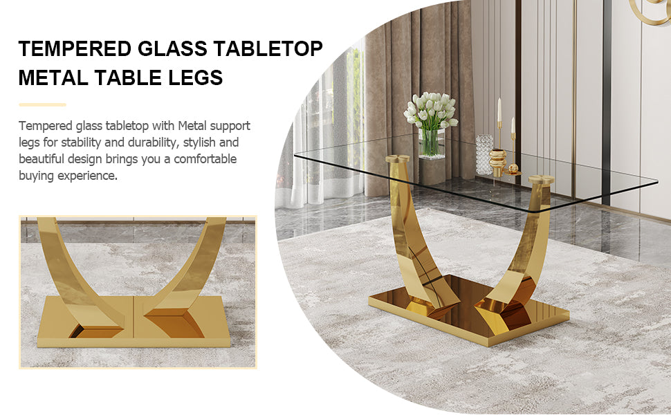 Table And Chair Set.Modern Rectangular Dining Table With Transparent Tempered Glass Tabletop And Gold Plated Metal Legs.Paried With 8 Comfortable Chairs With Pu Seats And Golden Metal Legs. Transparent,White Gold Seats 8 Glass Metal