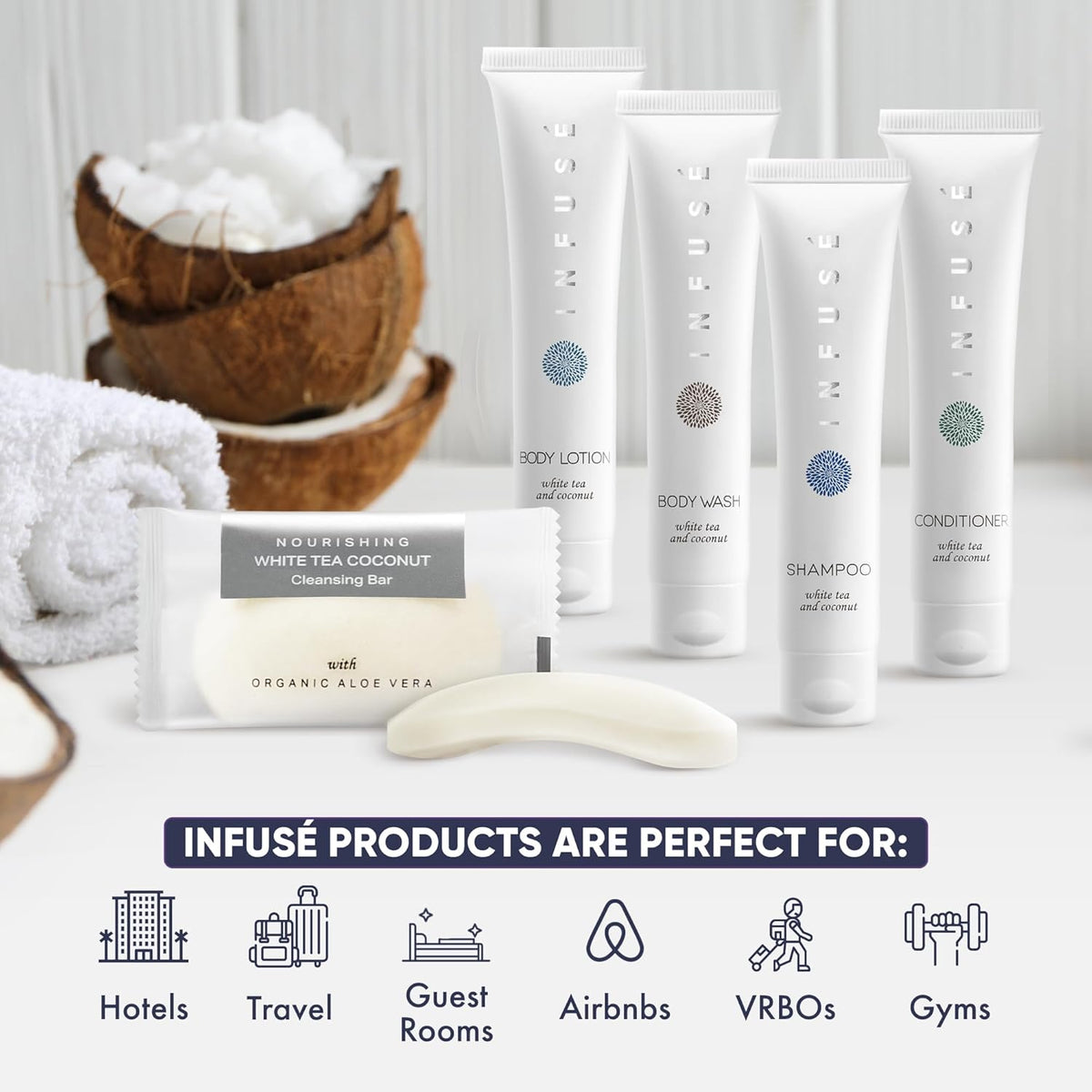 Infuse Pure White Tea And Coconut Hotel Soaps And Toiletries Bulk Set 1 Shoppe All In Kit For Hotels 1Oz Shampoo & Conditioner, Body Wash, Lotion & 1.25Oz Bar Soap Travel Size 300 Pieces White