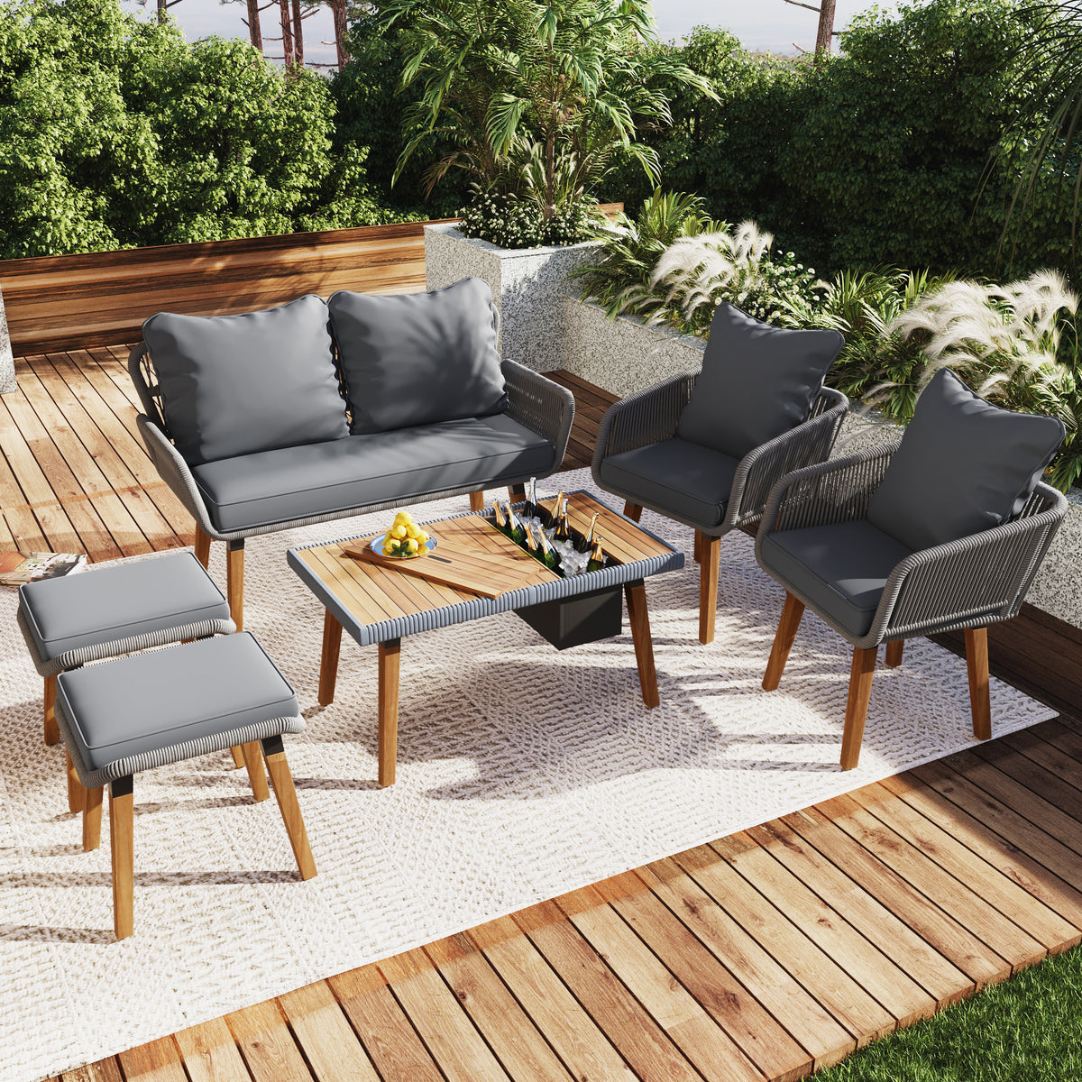 K&K 6 Piece Rope Patio Furniture Set, Outdoor Furniture With Acacia Wood Cool Bar Table With Ice Bucketdeep Seat Patio Conversation Set With Two Stools For Backyard Porch Balcony Grey Yes Complete Patio Set Grey Weather Resistant Frame Fade Resistant
