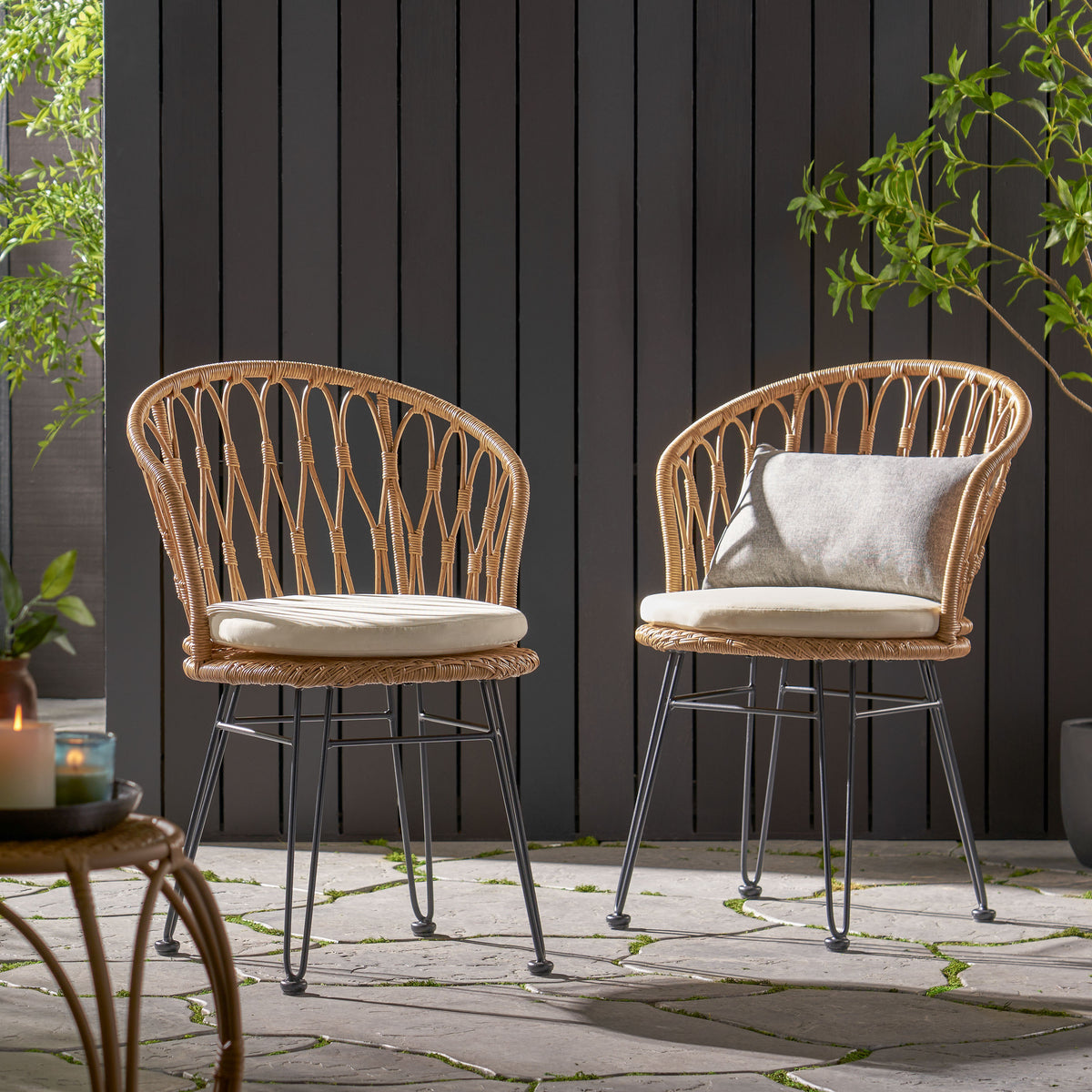 Tavon Chair,2Pcs With 2 Cushions Light Brown Foam Pe Rattan Iron