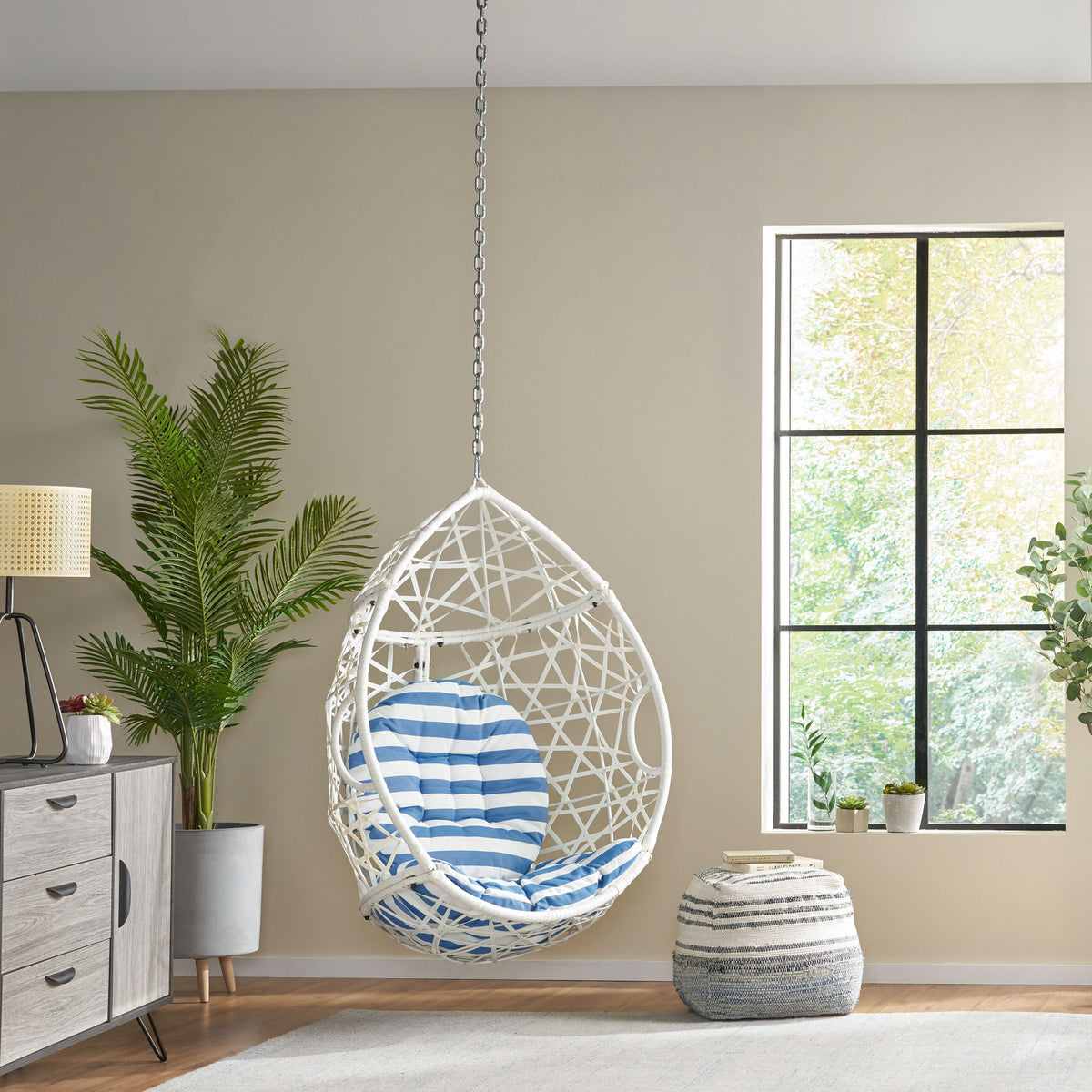Los Alamitos Hanging Chair With 8Ft Chain White Blue Pe Rattan Iron Waterproof Fabric