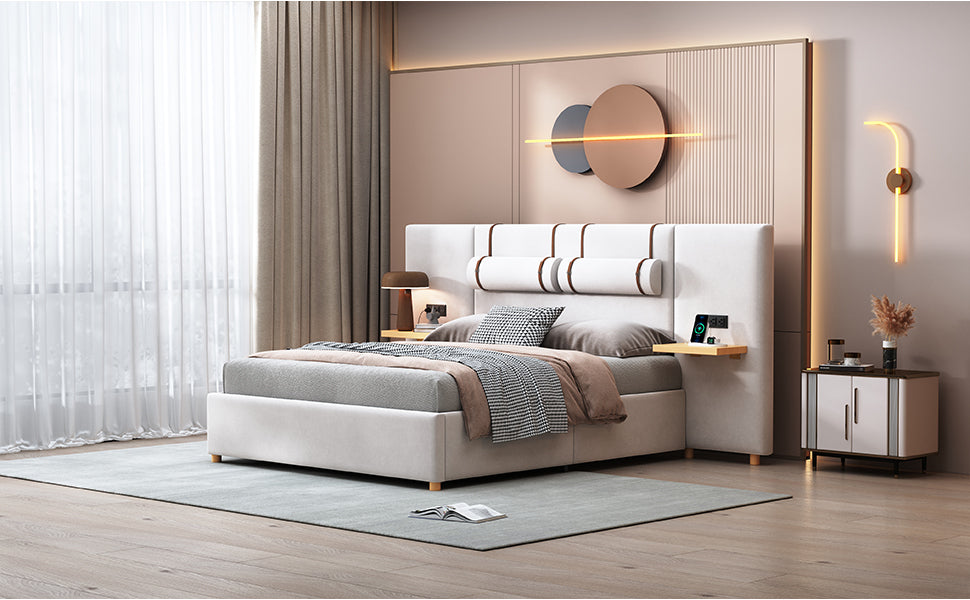 Queen Size Upholstered Platform Bed, Two Outlets And Usb Charging Ports On Both Sides, Two Bedside Pillows, Storage Shelves,Velvet, Beige Queen Beige Mdf Lvl