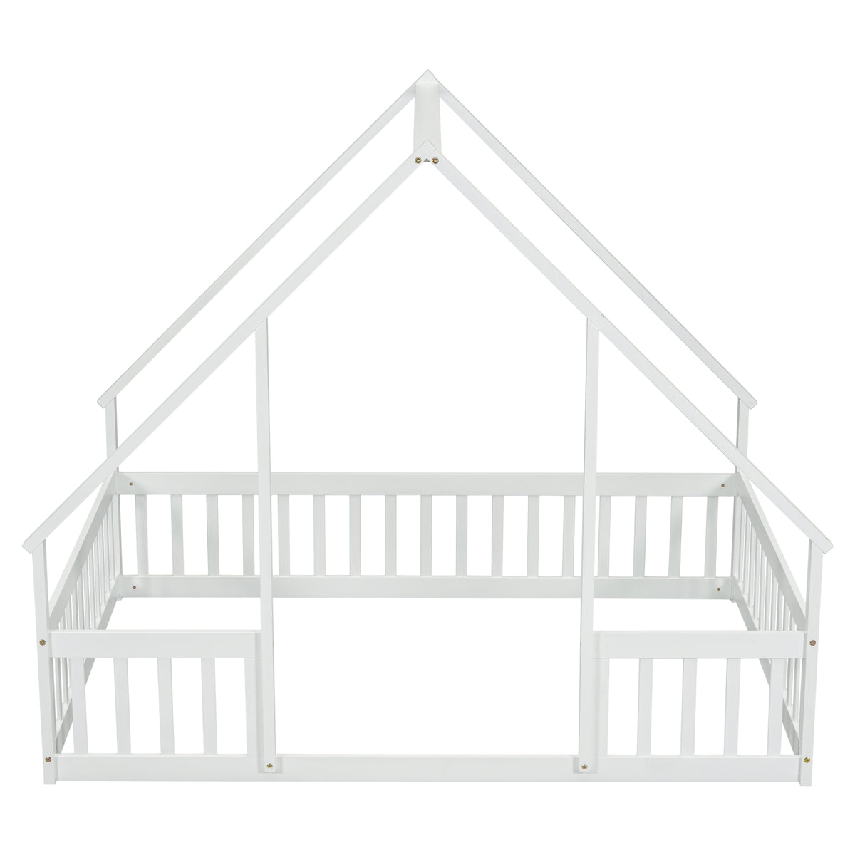 Full Wood House Shaped Floor Bed With Fence, Guardrails,White Full White American Design Pine