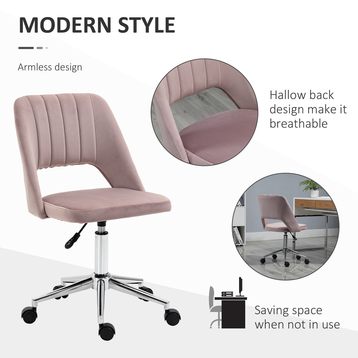 Vinsetto Modern Mid Back Office Chair With Velvet Fabric, Swivel Computer Armless Desk Chair With Hollow Back Design For Home Office, Pink Pink Polyester
