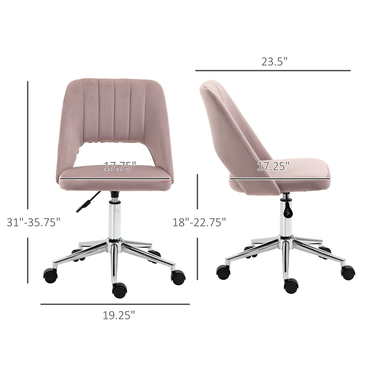 Vinsetto Modern Mid Back Office Chair With Velvet Fabric, Swivel Computer Armless Desk Chair With Hollow Back Design For Home Office, Pink Pink Polyester