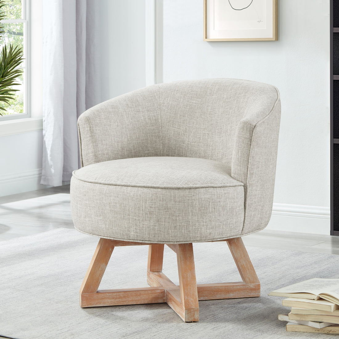 Swivel Chair With Cross Shaped Wooden Base,Lounge Chair With Solid Wood Legs, 360 Freely Swivel Chairclassic Linen Fabric For Living Room, Bedroom, Office, Dresser Light Gray Light Gray Primary Living Space American Design,Artsy,Classic,Modern Rubberwood