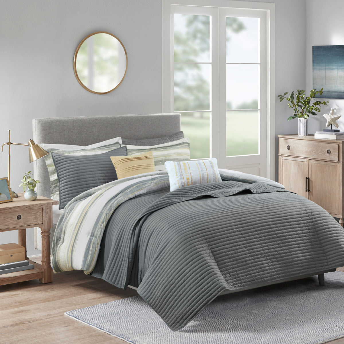 8 Piece Printed Seersucker Comforter And Quilt Set Collection Yellow Full Queen Full Yellow Polyester