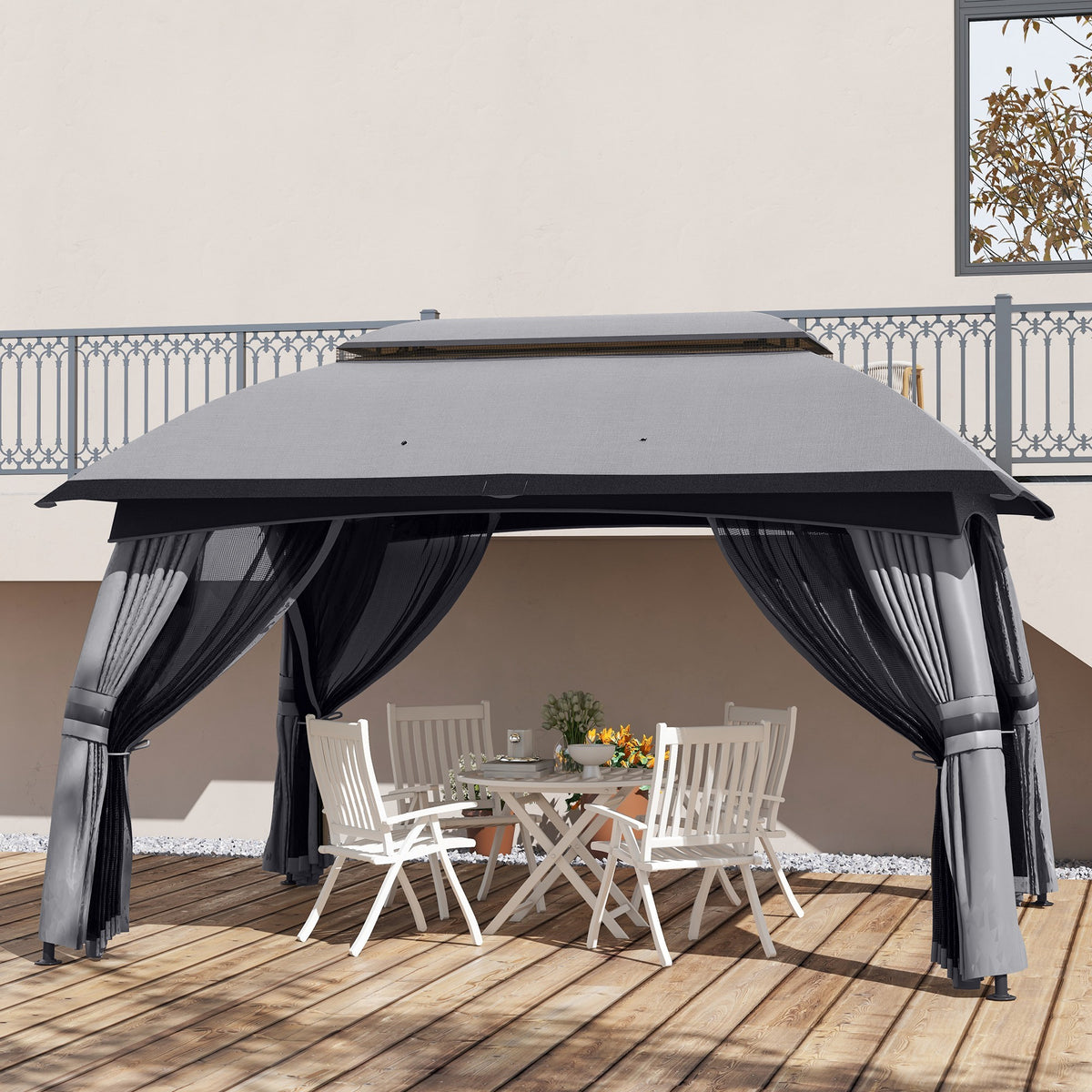 Outsunny 10' X 13' Patio Gazebo, Outdoor Gazebo Canopy Shelter With Netting, Vented Roof, Steel Frame For Garden, Lawn, Backyard, And Deck, Dark Gray Gray Steel