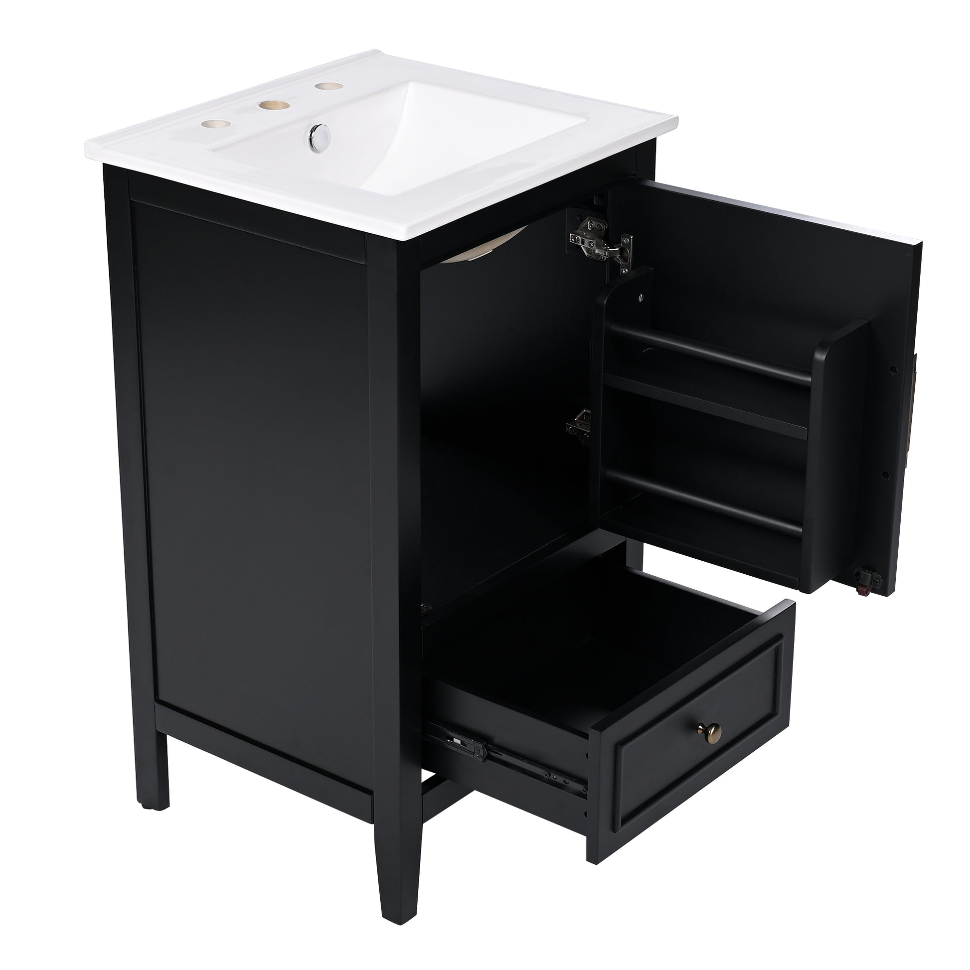 20" Bathroom Vanity With Sink, Bathroom Cabinet With A Door, Door Shelf Storage And Adiustable Foot Pads, A Drawer, Black Black Solid Wood Mdf