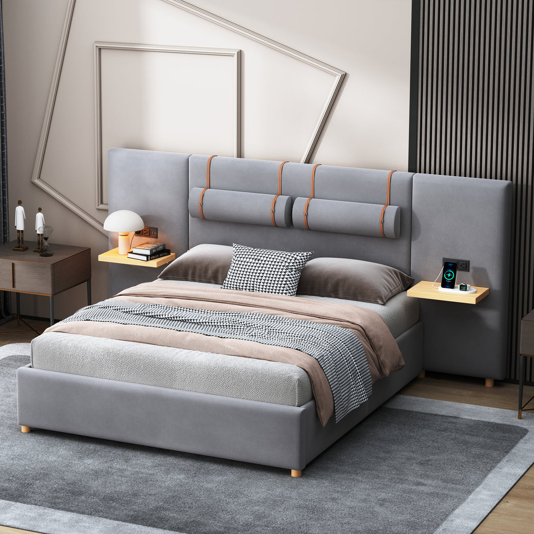 Queen Upholstered Platform Bed, Two Outlets And Usb Charging Ports On Both Sides, Two Bedside Pillows, Storage Shelves, Velvet,Gray Queen Gray Mdf Lvl