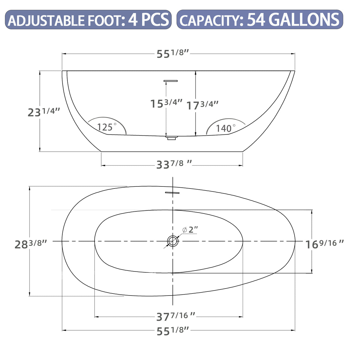 55" Acrylic Free Standing Tub Classic Oval Shape Soaking Tub, Adjustable Freestanding Bathtub With Integrated Slotted Overflow And Chrome Pop Up Drain Anti Clogging Gloss White Gloss White Oval Bathroom Freestanding Tubs Polished Less Than 59 In Modern
