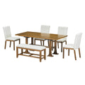 Farmhouse 76Inch 6 Piece Extendable Dining Table Set Trestle Kitchen Table Set With 18Inch Removable Leaf And Upholstered Dining Chair And Bench For Dining Room, Dark Brown Wood Dining Room