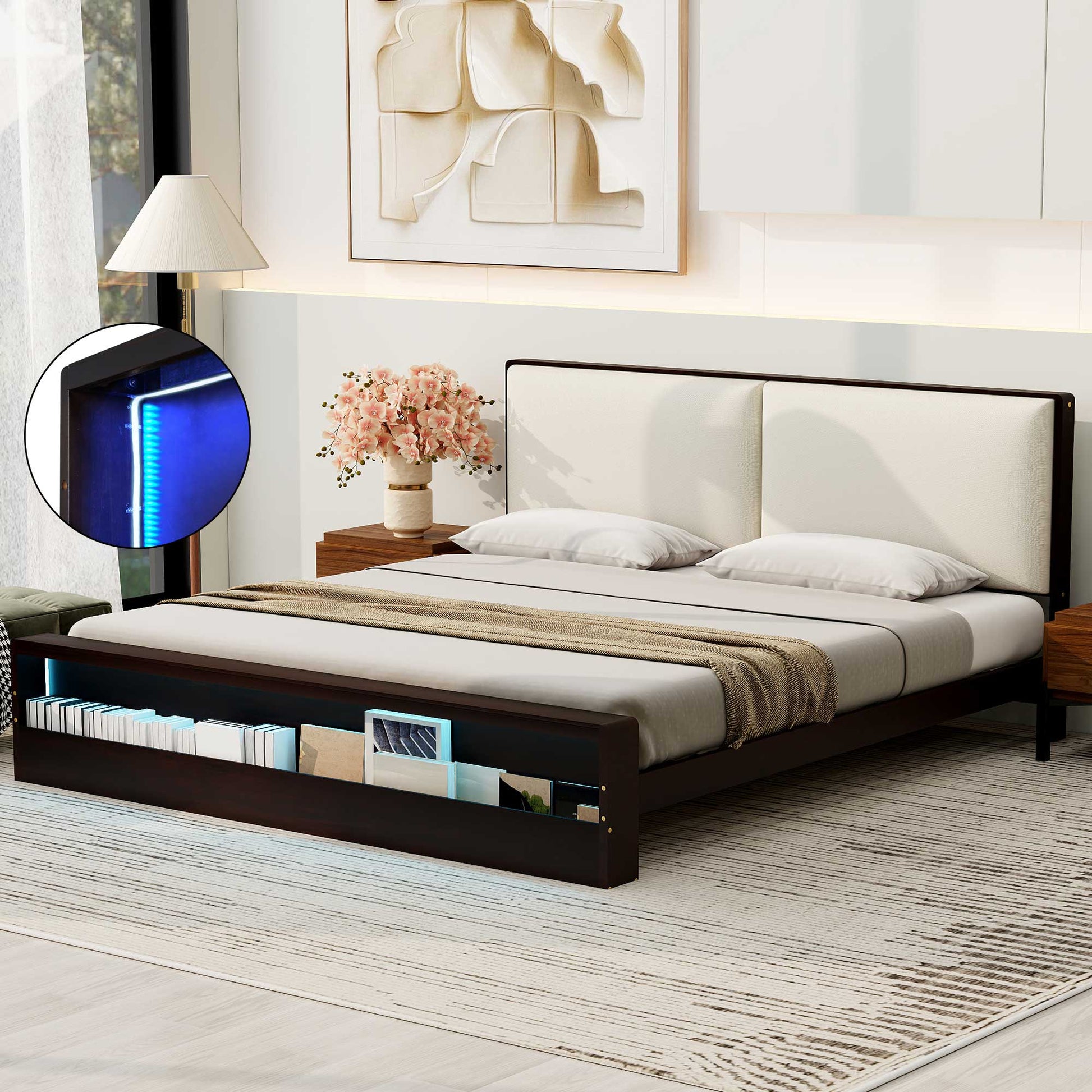 King Size Platform Bed Frame With Upholstery Headboard And Bookshelf In Footboard And Led Light Strips, Espresso King Espresso Solid Wood Mdf