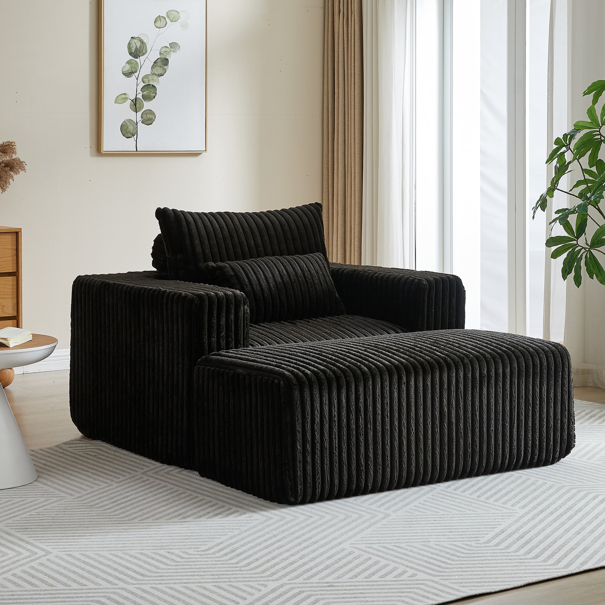 62.5 Inch Corduroy Sponge Sofa Lounge Chair With Removable Footrest,No Assembly Required,Fluffy Modern Sleeper Chair For Indoor Living Room Bedroom Black Foam Corduroy 1 Seat