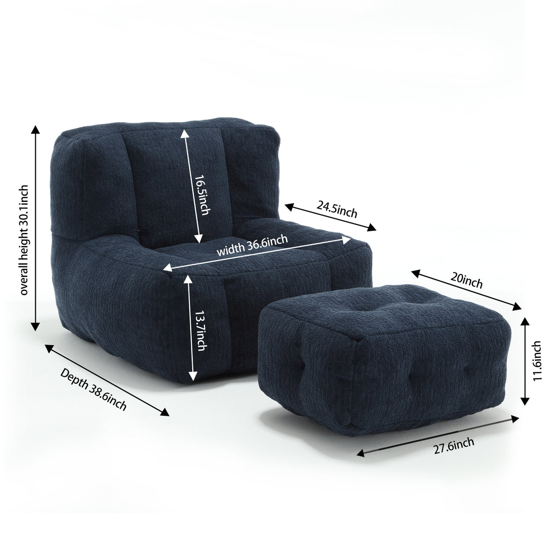 Fluffy Bean Bag Chair, Comfortable Bean Bag For Adults And Children, Super Soft Lazy Sofa Chair With Memory Foam And Ottoman, Indoor Modern Focus Bean Bag Chair For Living Room, Bedroom, Apartment Blue Velvet
