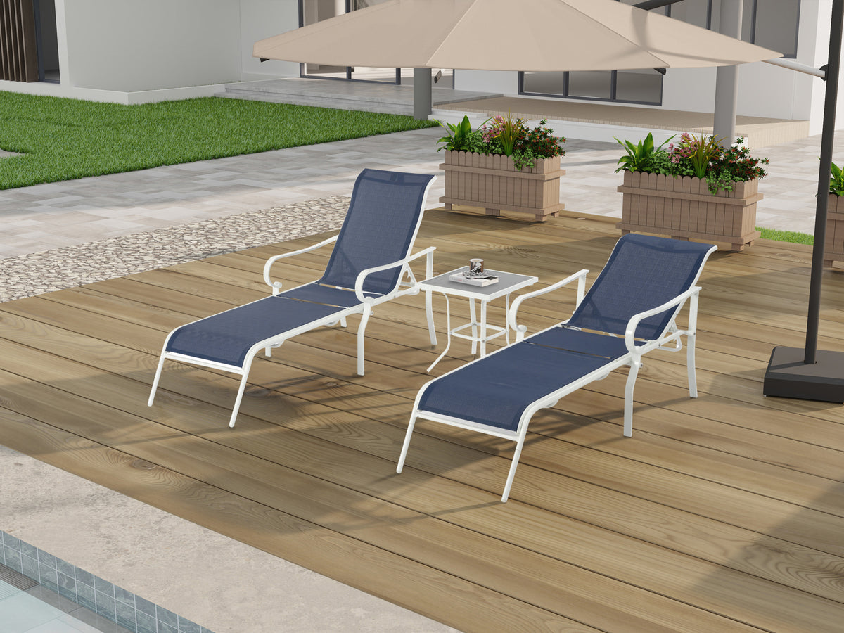 3 Pack Patio Lounge Chair, Outdoor Chaise Lounge With 5 Adjustable Backrest, Sturdy Steel Frame, Sunbathing Recliner, Beach Chair, Tanning Chair For Outside, Yard, Balcony, Pool Chairs,White Blue