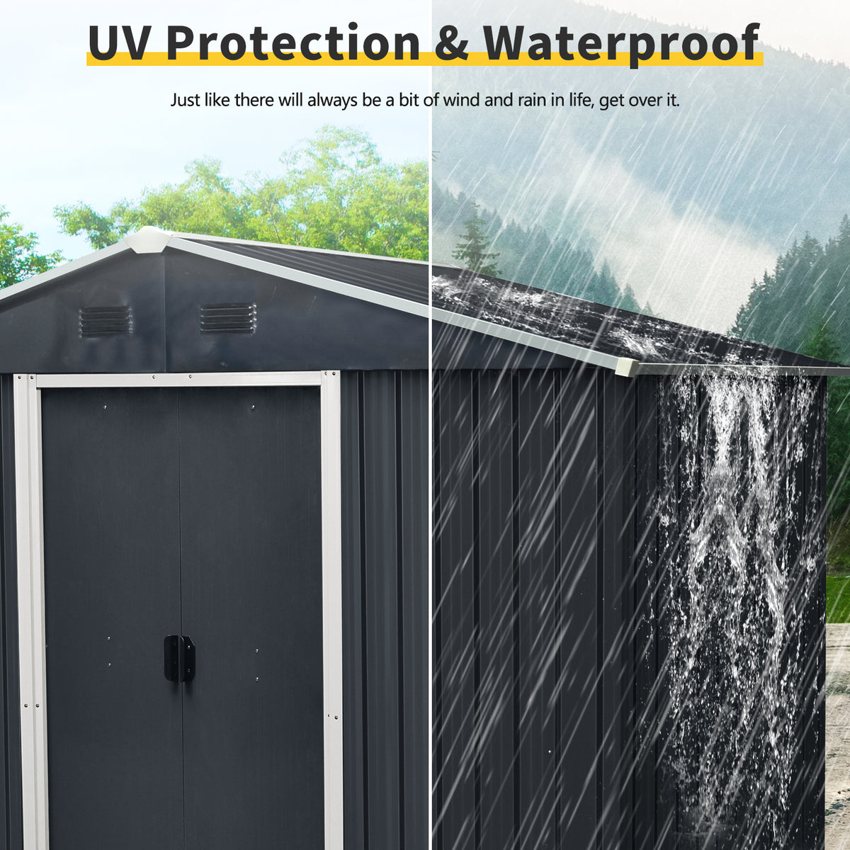 8Ft X 4Ft Outdoor Metal Storage Shed With Sliding Door And Foundation For Backyard, Patio, Lawn Black And White Black White Metal