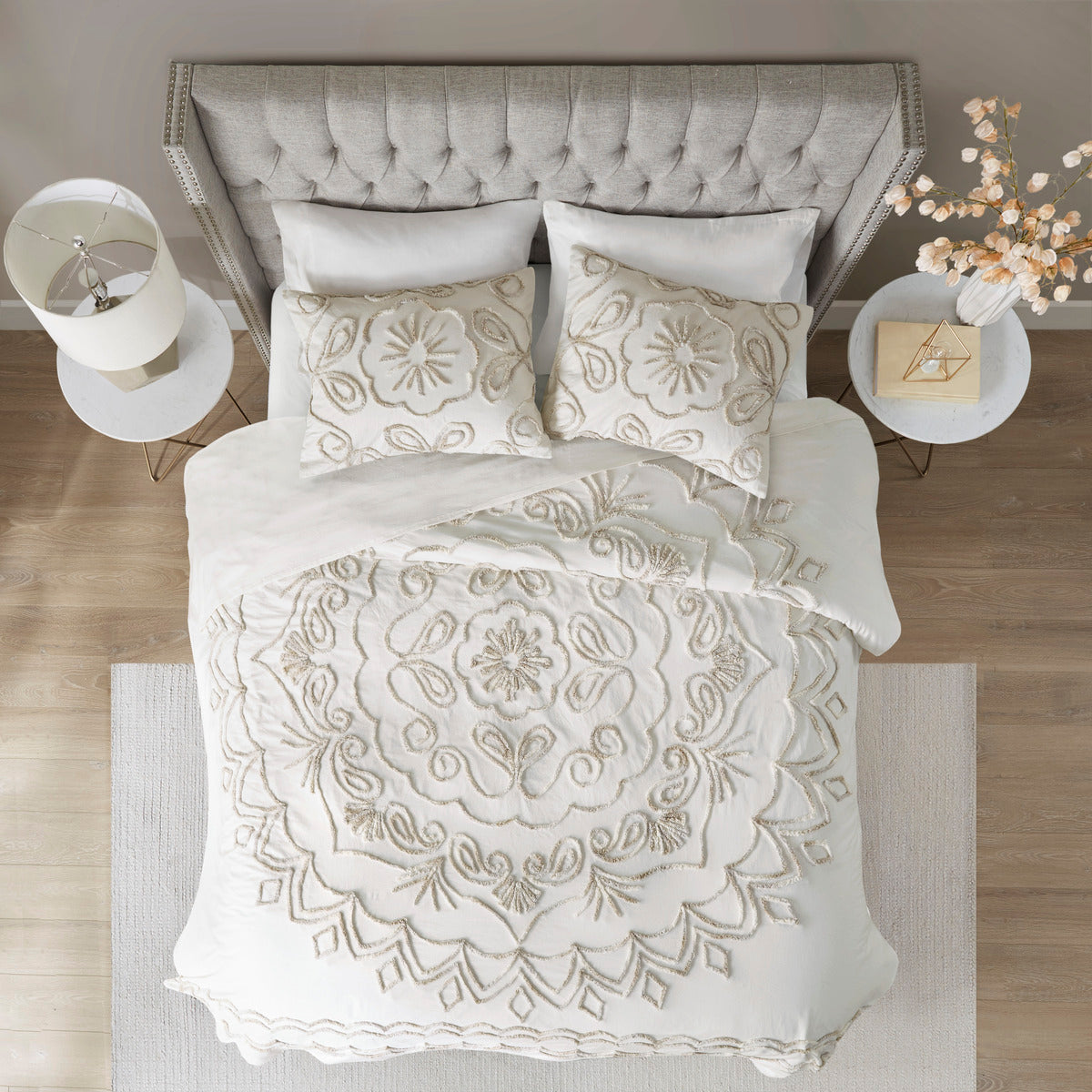3 Piece Tufted Cotton Chenille Coverlet Set Ivory Taupe Full Queen Ivory Taupe Cotton