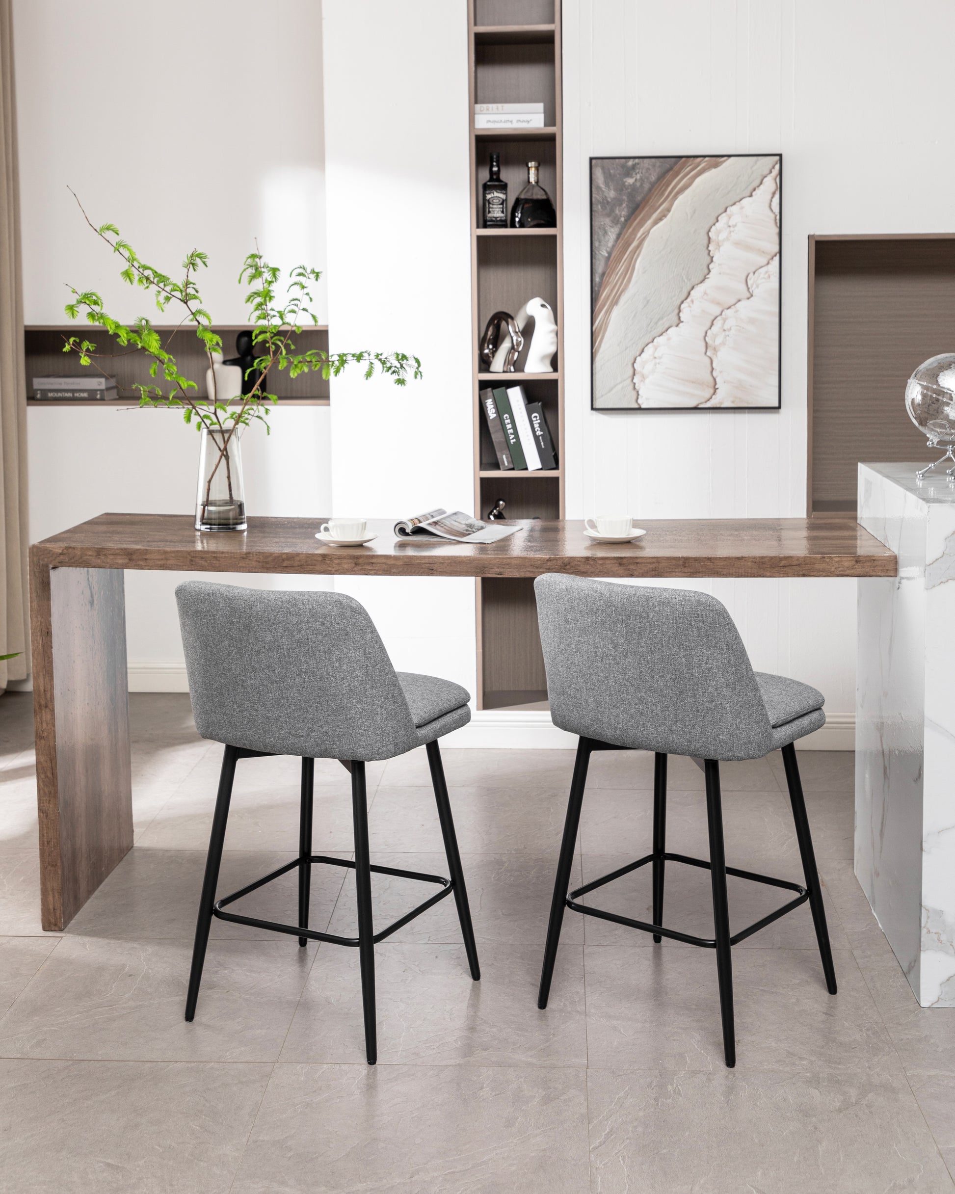 Counter Height Swivel Bar Stools Set Of 2, 360 Swivel Upholstered Barstools With Back And Metal Legs, 25.6" Seat Height,Counter Stools For Kitchen Island And Pub,Linen Cloth,Grey Light Grey Set Of 2 Linen
