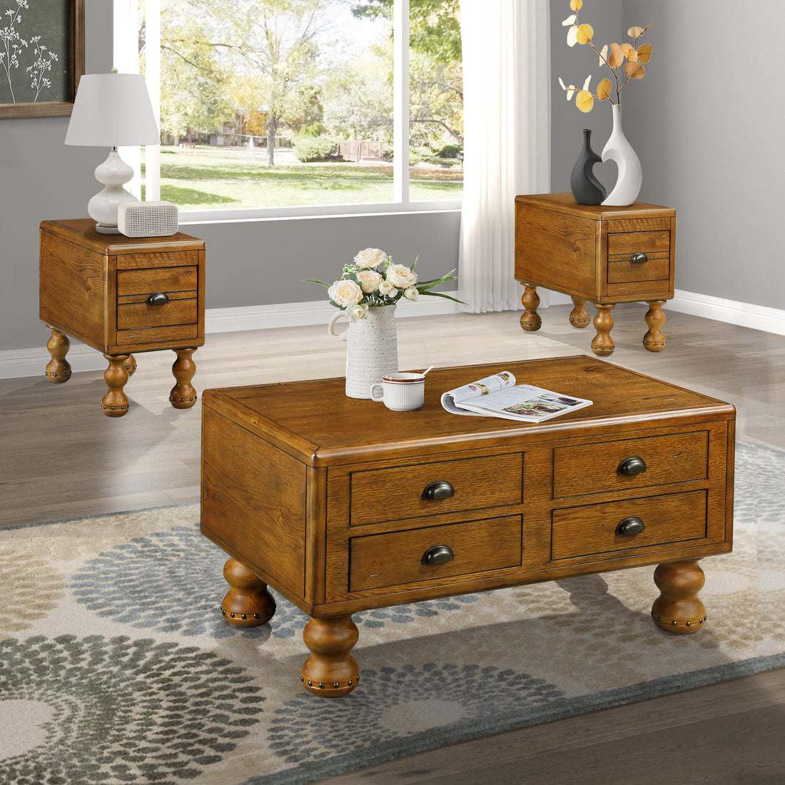 Rectangle Living Room Coffee Table Set, 3 Piece Solid Wood Living Room Table Set, 1 Coffee Table And 2 End Table, Wood Center Table Tea Table Set With Rivet Decoration Legs.Antique Brown Antique Brown Pine